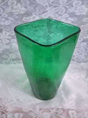 Vintage Blenko Glass Vase Emerald Crackle Finish Square Top Round Bottom